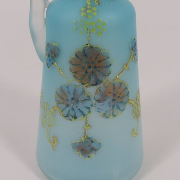 Antique Blue Satin Glass Gold Flower Floral Cruet Dressing Pitcher 6.9in Country - Picture 4 of 13